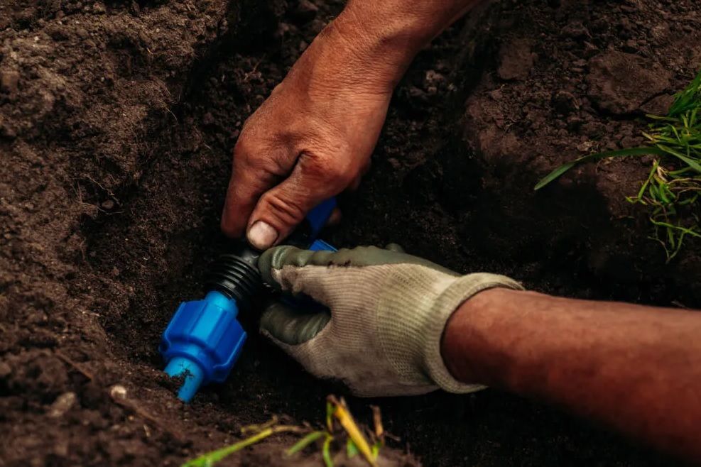 A person is installing a hose in the ground.