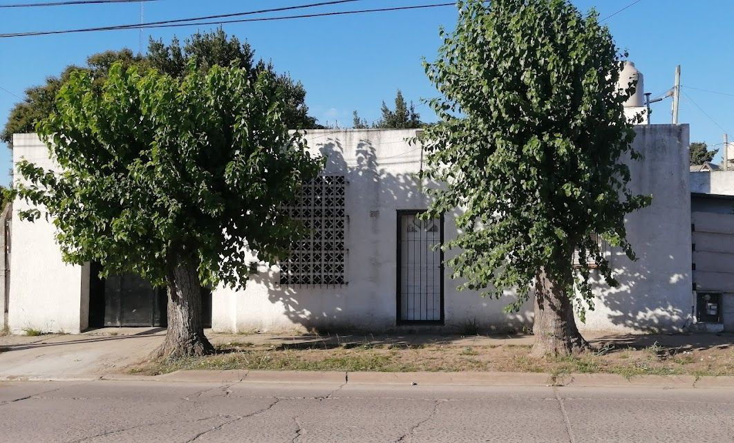 Edificio blanco con árboles al frente, en una calle. Cielo azul despejado.