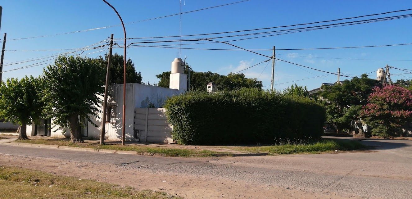 Vista de la calle de un edificio blanco con arbustos y árboles bajo un cielo azul despejado.
