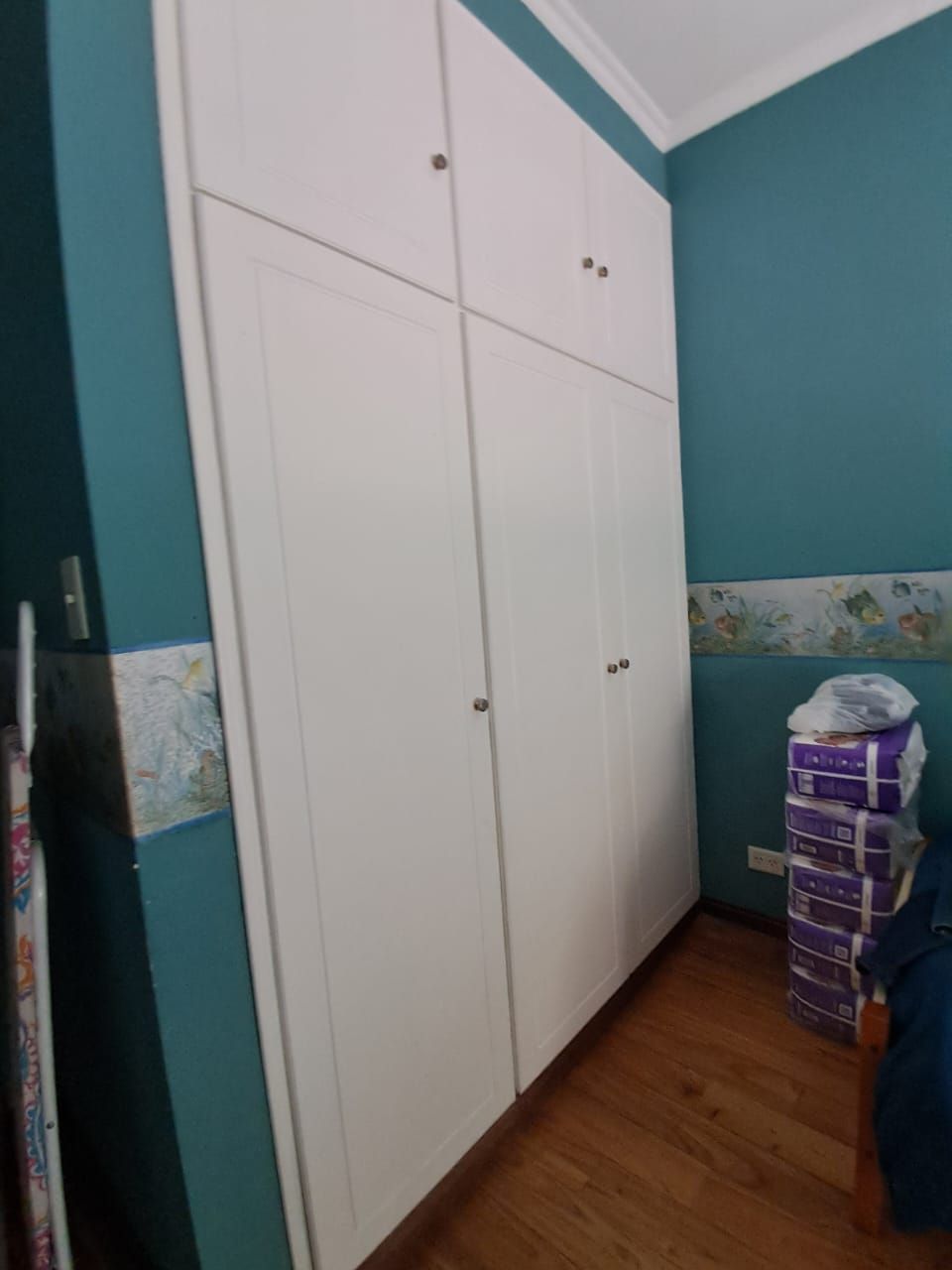 Armario blanco en una habitación con paredes azules, suelo de madera y una pila de objetos morados.