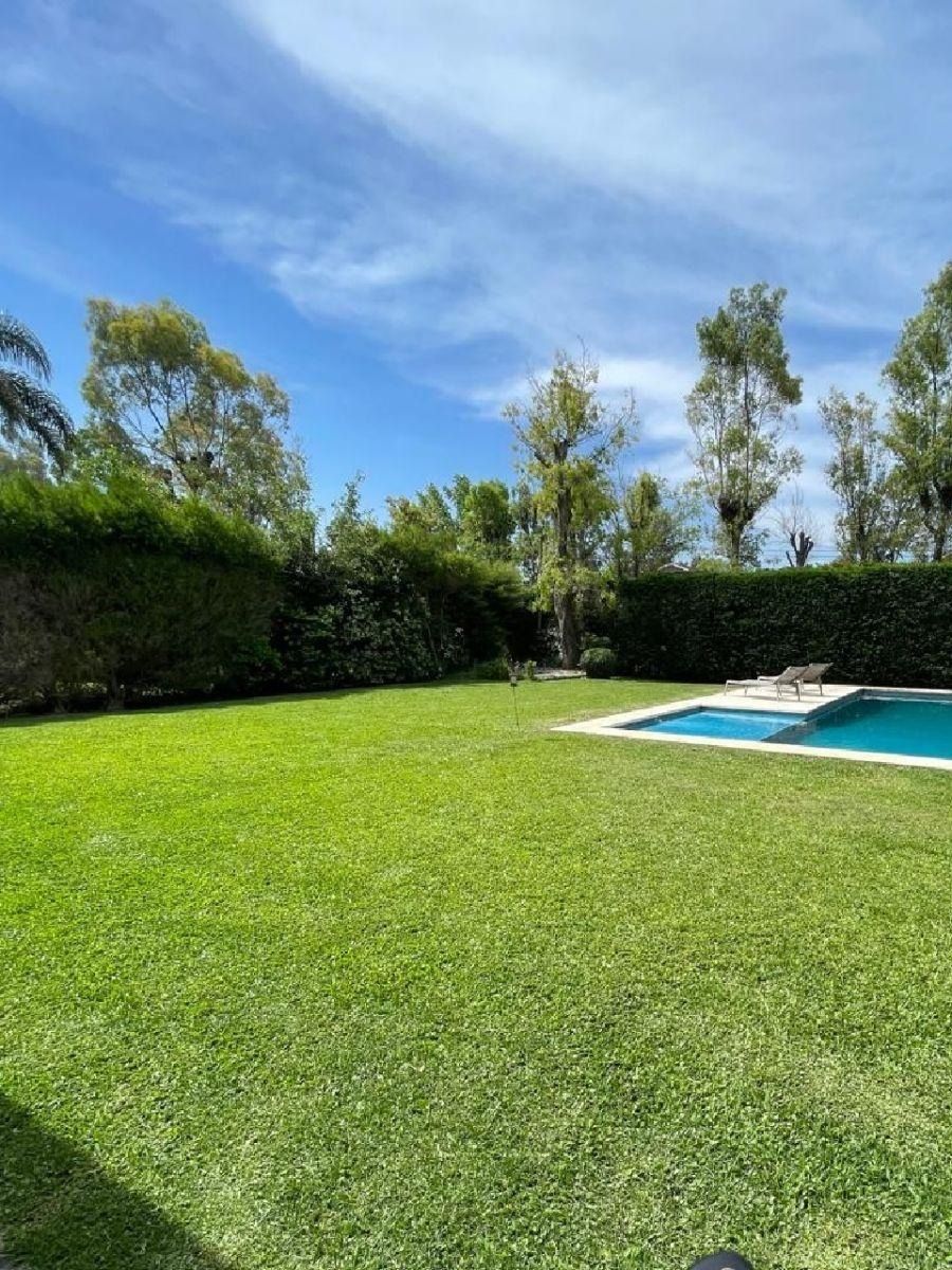 Un exuberante césped verde con piscina, altos setos y árboles bajo un cielo azul.