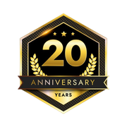 a 20th anniversary logo with a gold ribbon and laurel wreath .