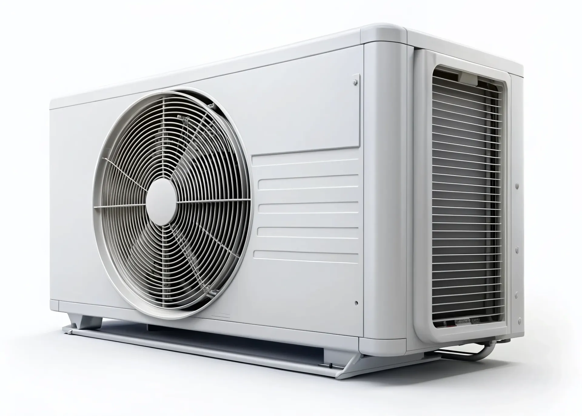 A white air conditioner with a fan on a white background.