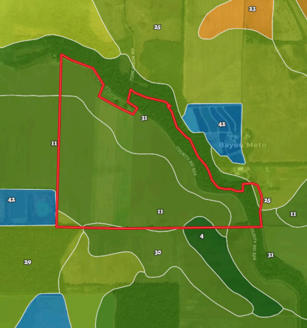 A map of a farm with a red rectangle in the middle