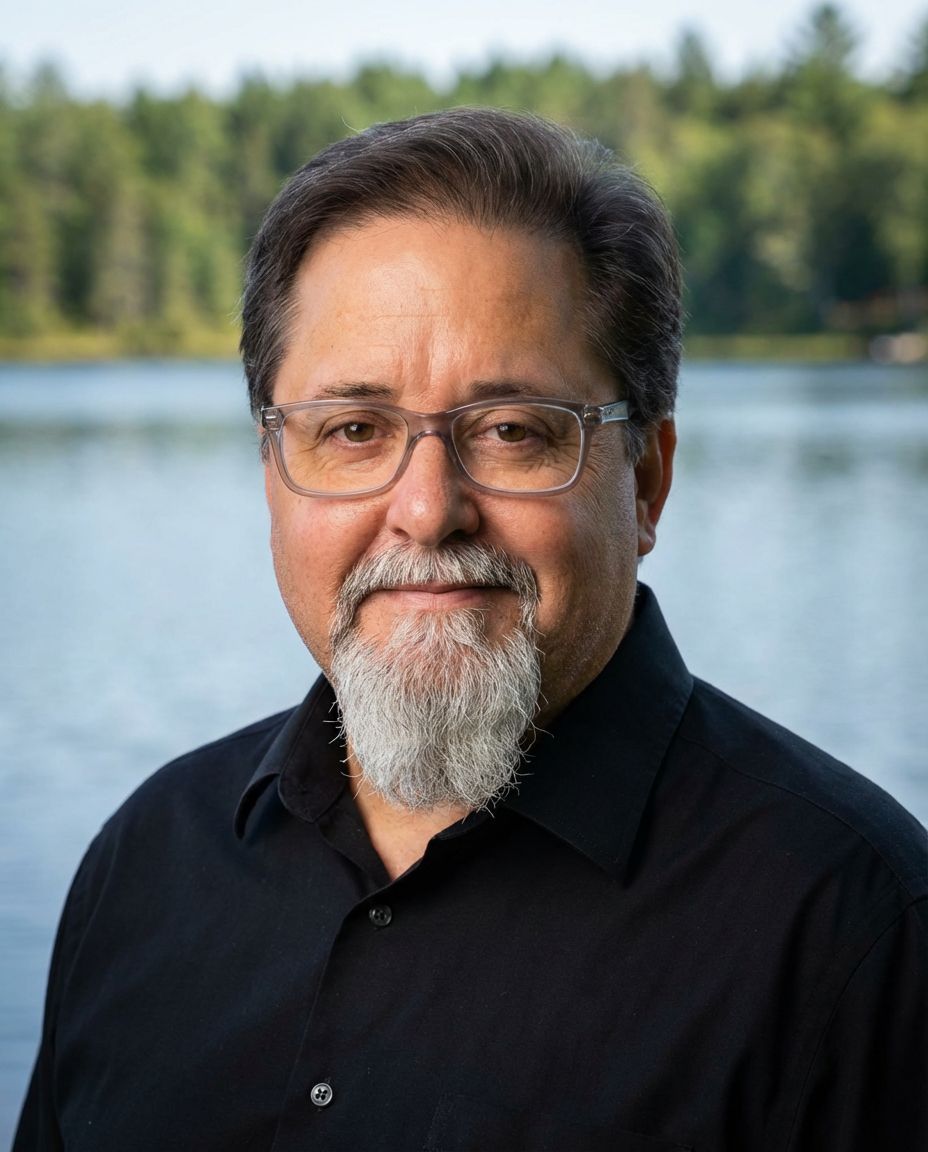 A man in a green shirt is smiling for the camera