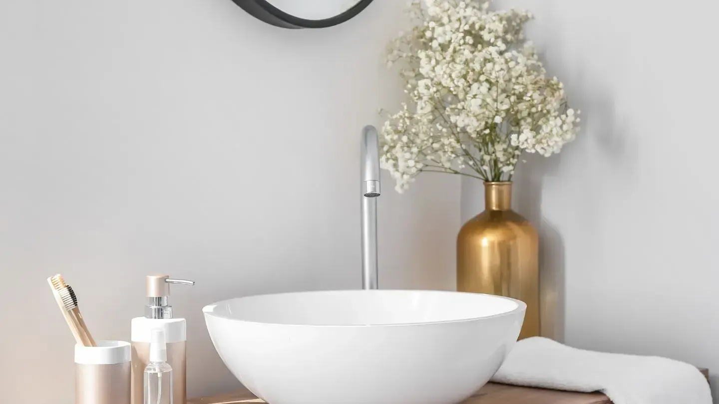 A bathroom with a sink , mirror , toothbrushes and a vase of flowers.