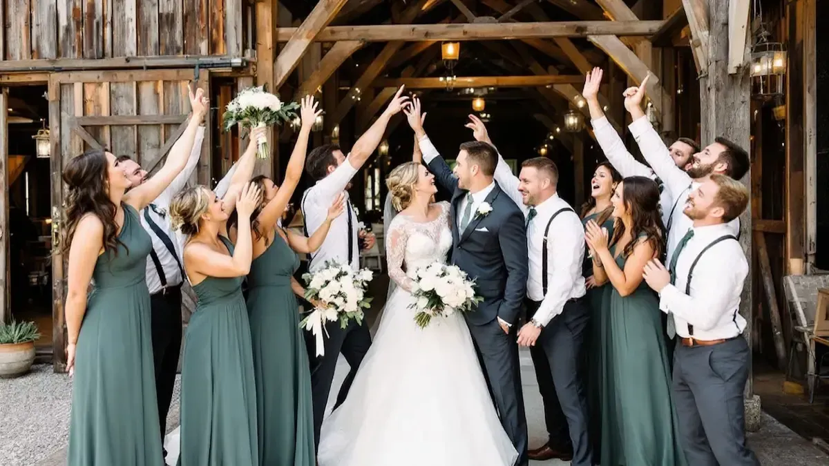 Wedding party with bride and groom under wooden arch, arms raised, celebrating.