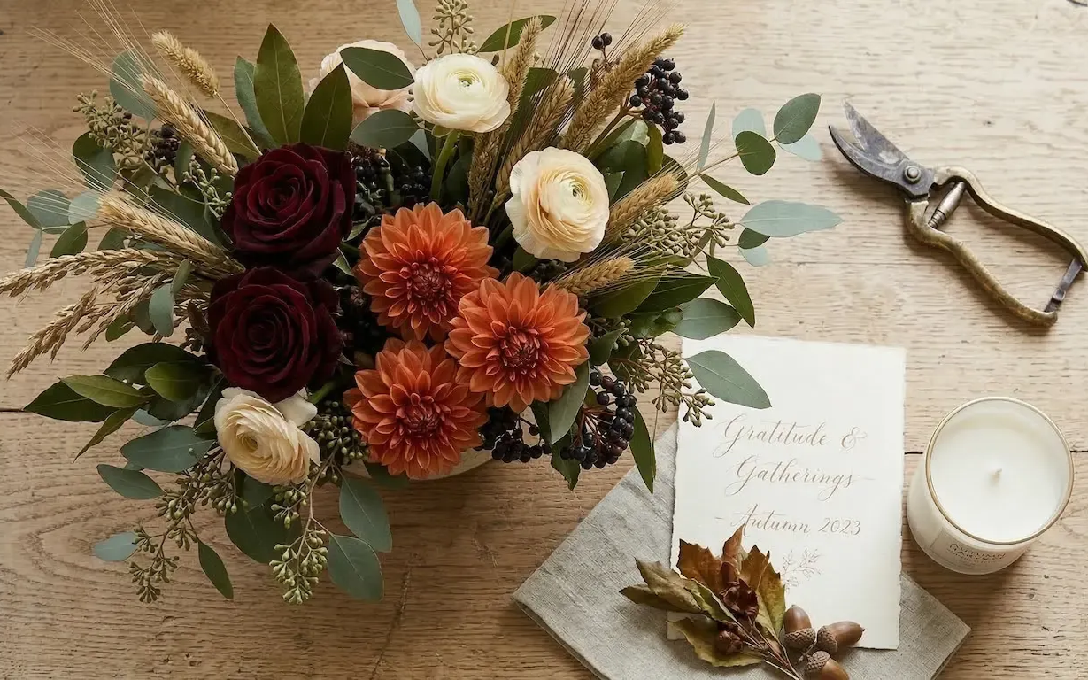 A floral centerpiece with red roses, orange dahlias, and dried wheat next to a note, a candle, and pruning shears.