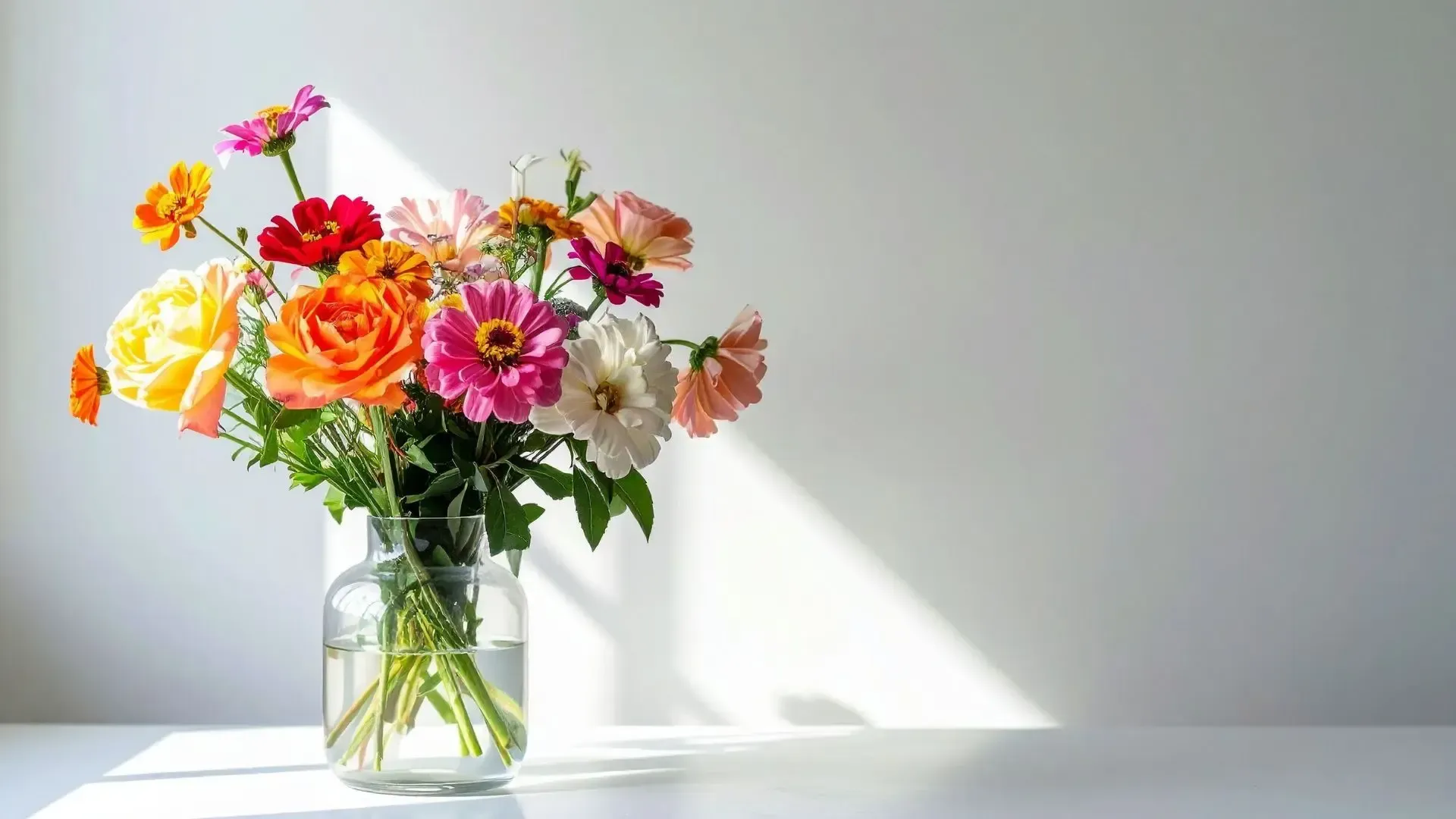 Colorful bouquet of flowers in a glass vase on a white table with sunlight shining on the wall.