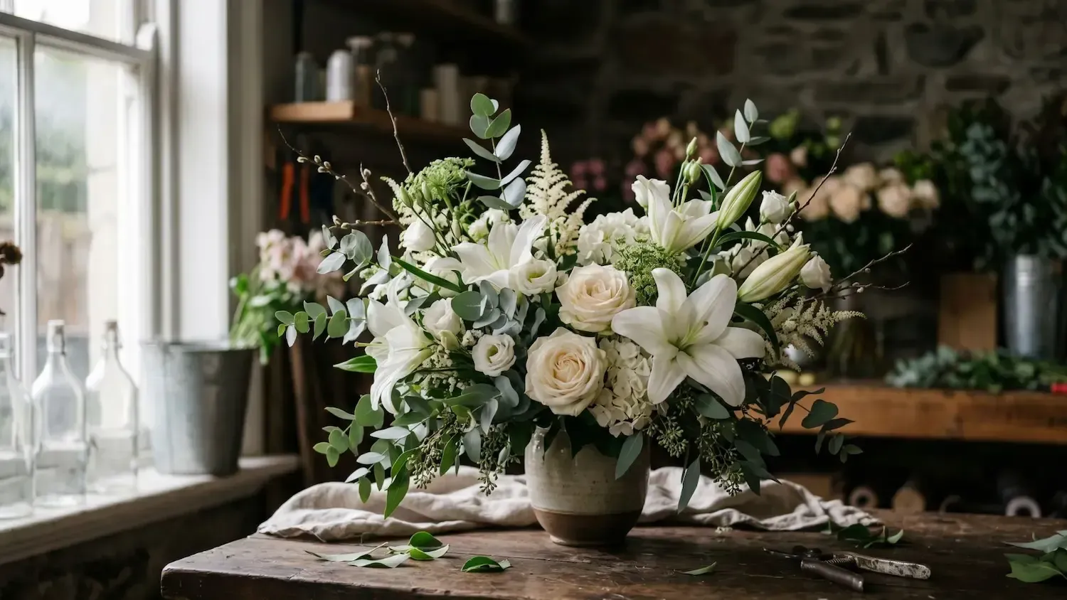 White floral bouquet in a vase on a rustic table by a bright window, with candles and greenery nearby