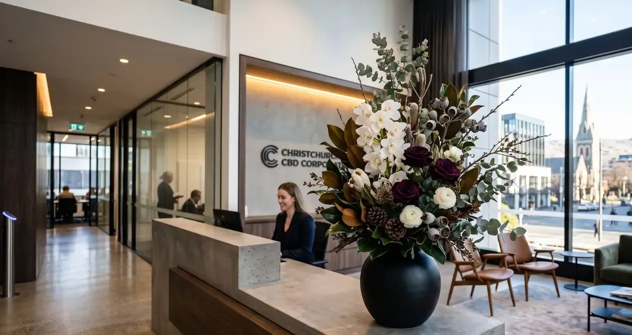 Modern lobby reception with a large floral arrangement and floor-to-ceiling windows