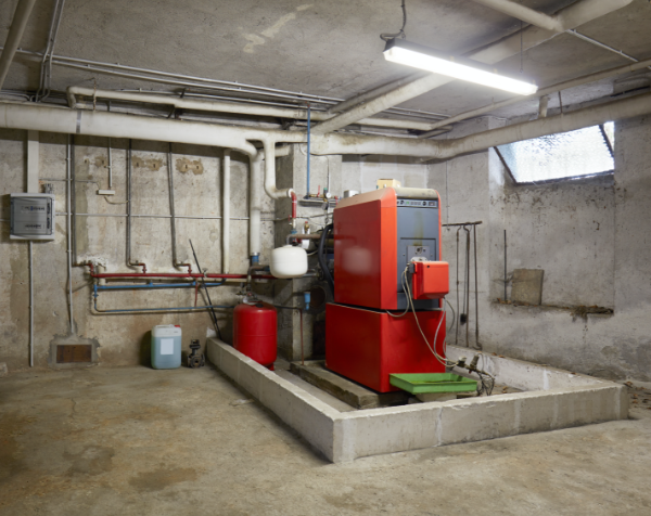 Basement with red heating system, pipes, and concrete floor.