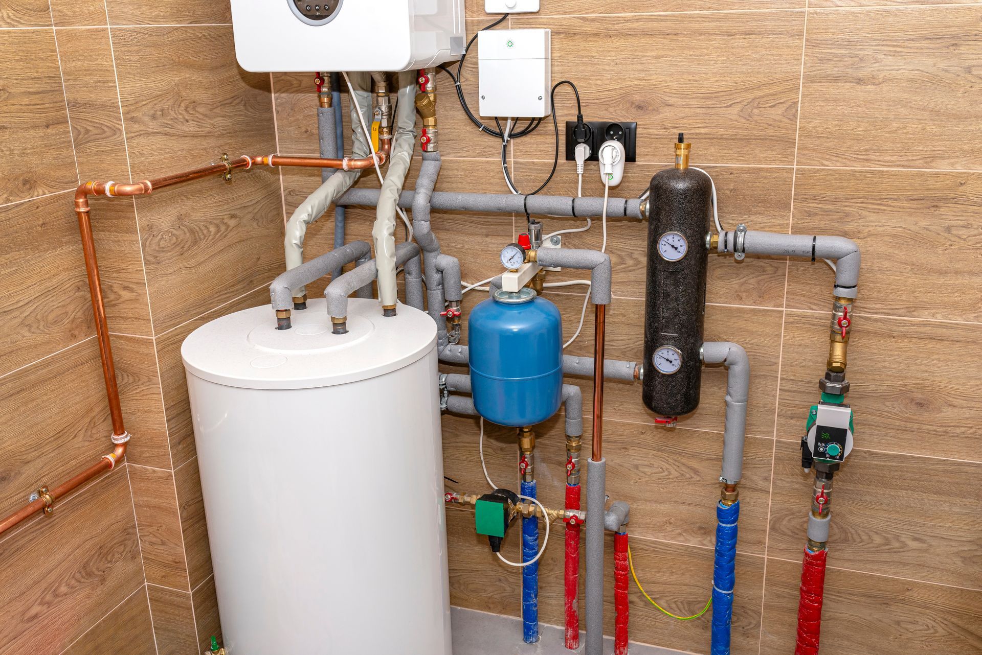 White water heater and pipes with gauges and a black expansion tank in a utility room.