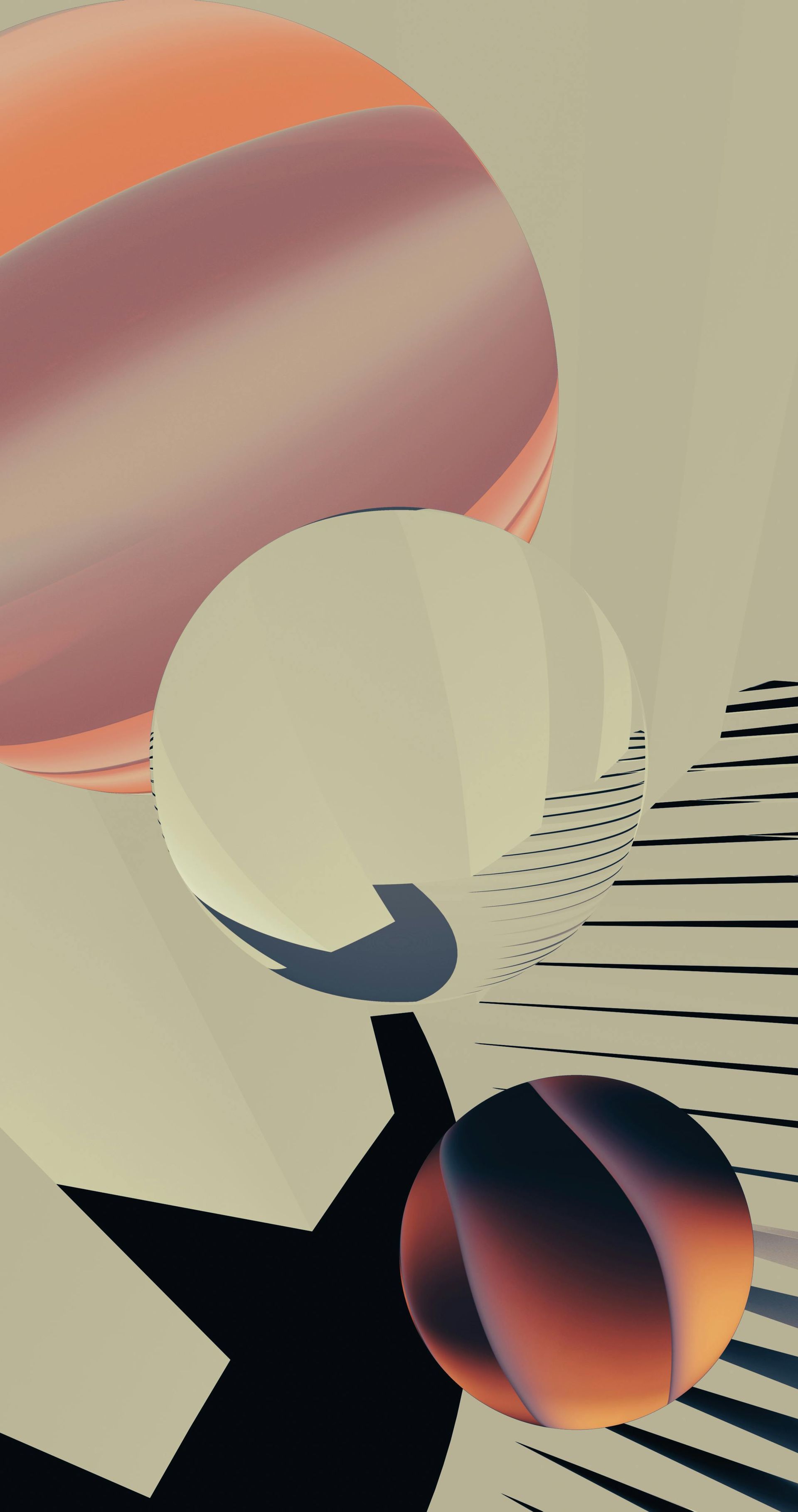 Abstract composition with three floating spheres in shades of peach, cream, and dark purple against a light beige background.