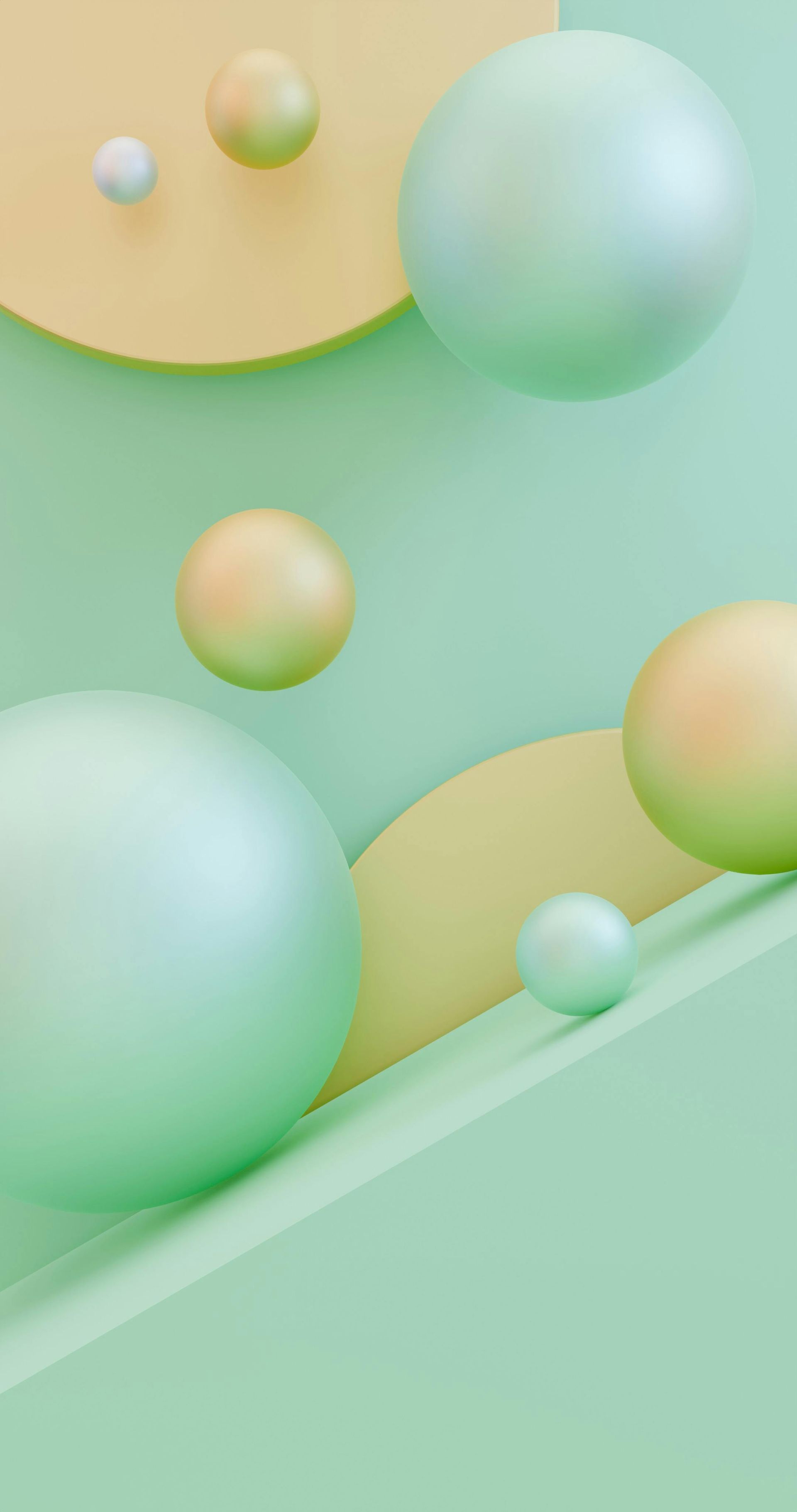 Abstract composition featuring soft-colored spheres in pastel green and yellow floating against geometric shapes.