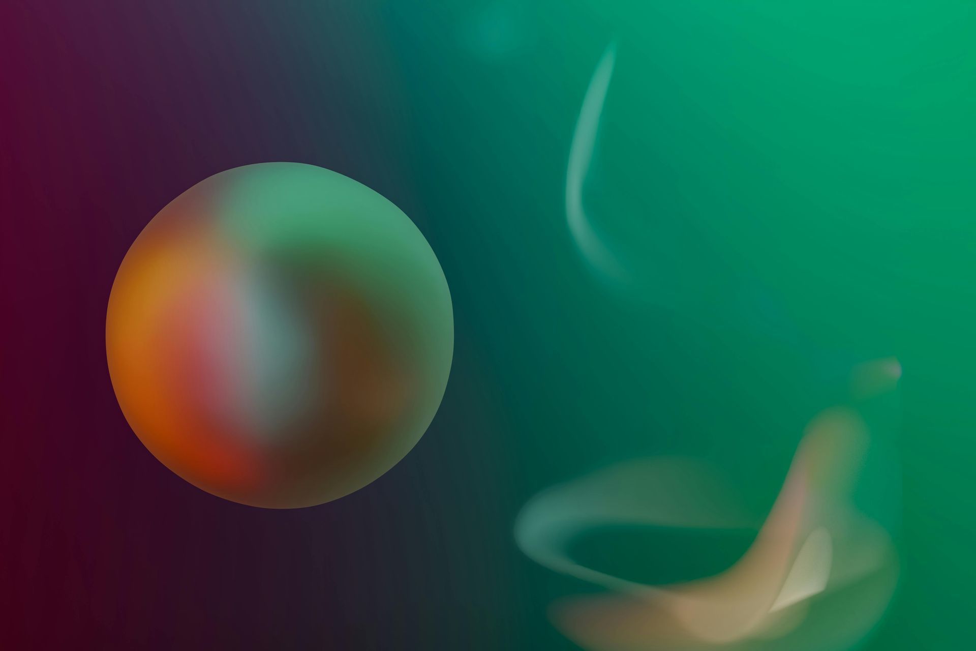 A glossy, spherical orb floats against a gradient background shifting from dark purple to deep green with smoky wisps.