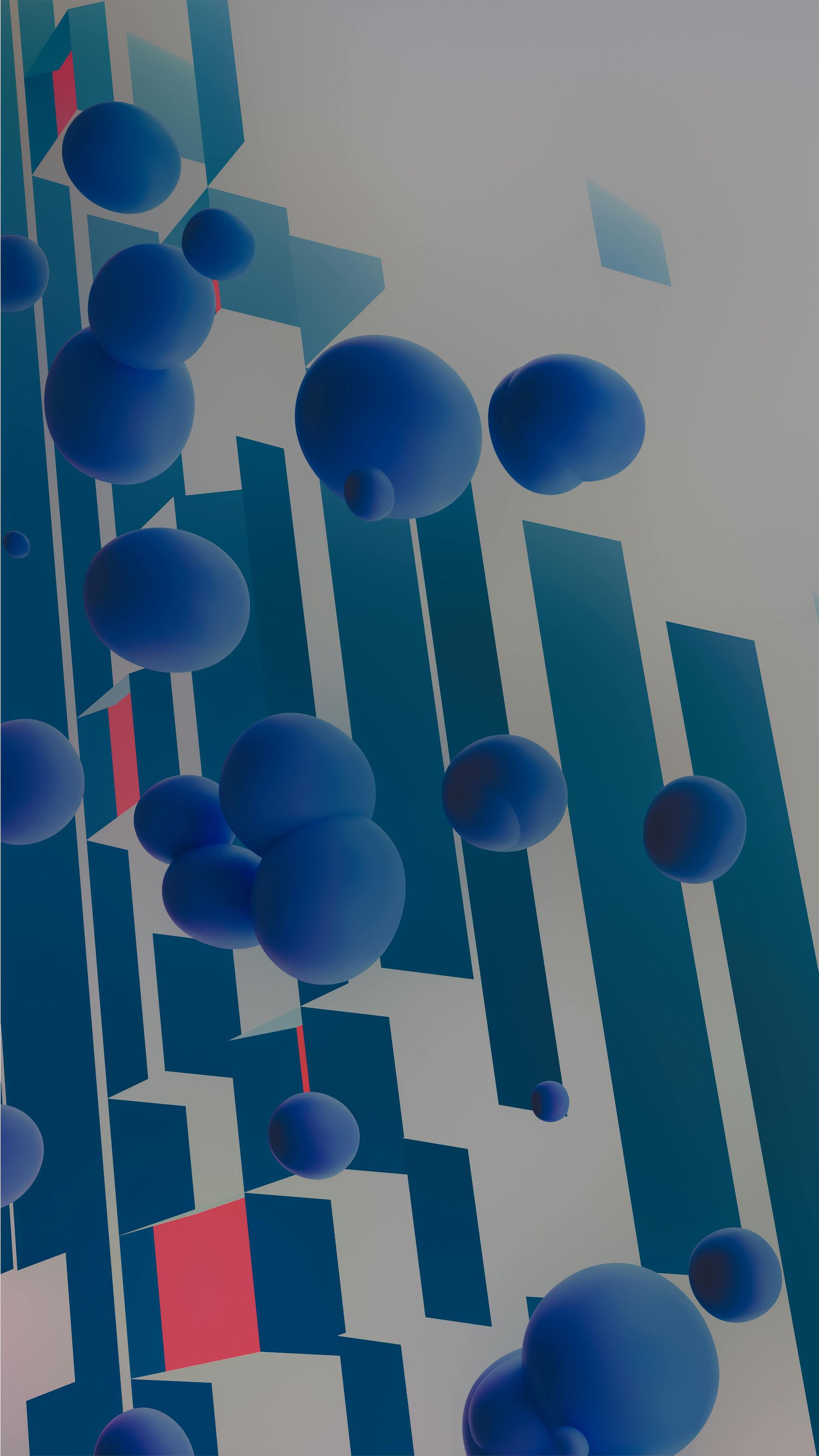 Dark blue spheres float above a background of geometric, light and dark blue vertical bars with faint red accents.