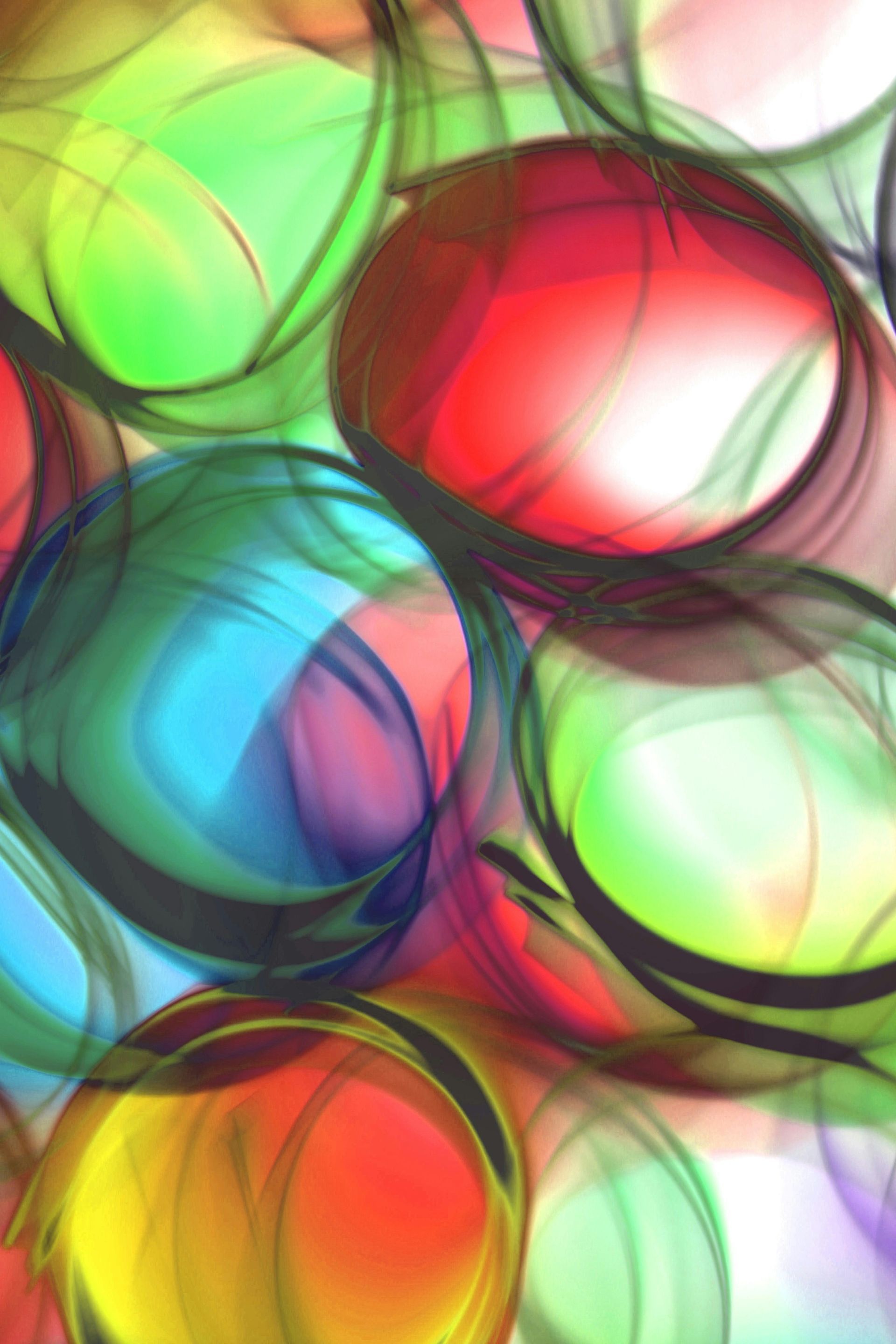 Abstract digital art featuring overlapping translucent, colorful spheres with dark, swirling circular outlines.