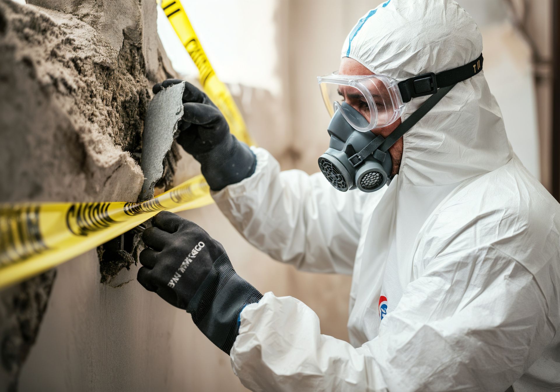 Person in protective suit examining a damaged wall, yellow caution tape in the foreground.