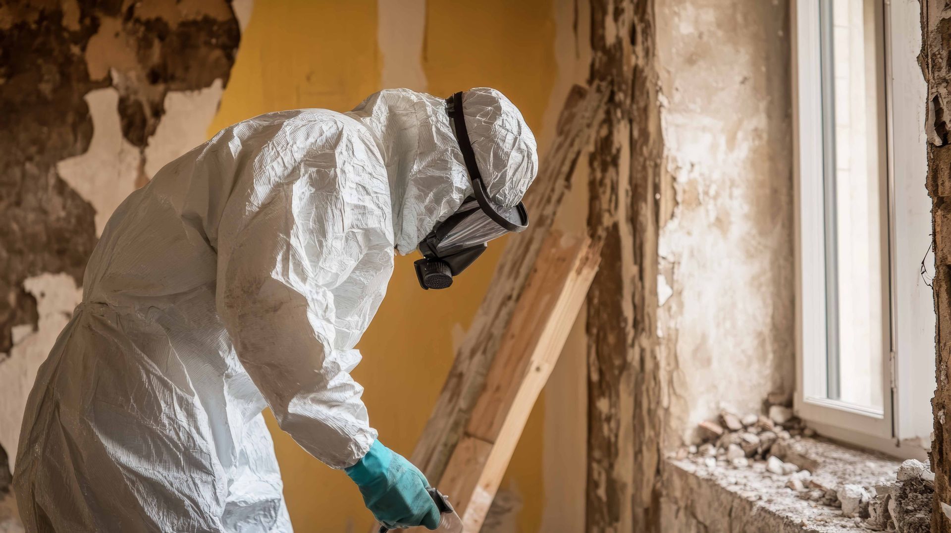 Une personne en combinaison de protection inspecte un mur endommagé dans une pièce avec fenêtre.