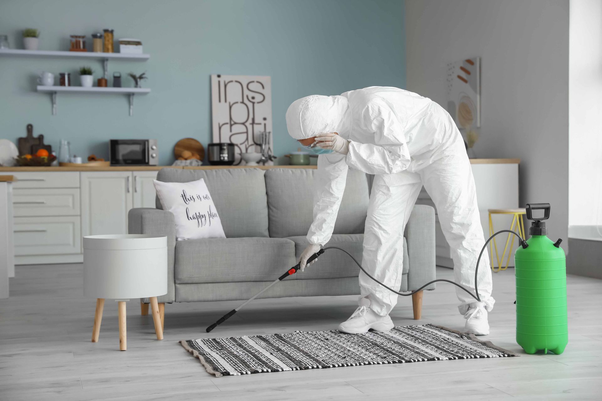 Une personne en combinaison de protection pulvérise un tapis dans un salon avec canapé, cuisine en arrière-plan.