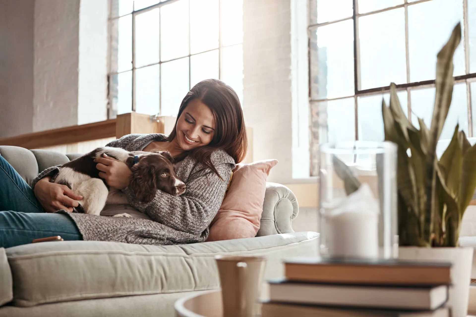 Une femme souriante, câlinant un chiot sur un canapé dans un salon ensoleillé.