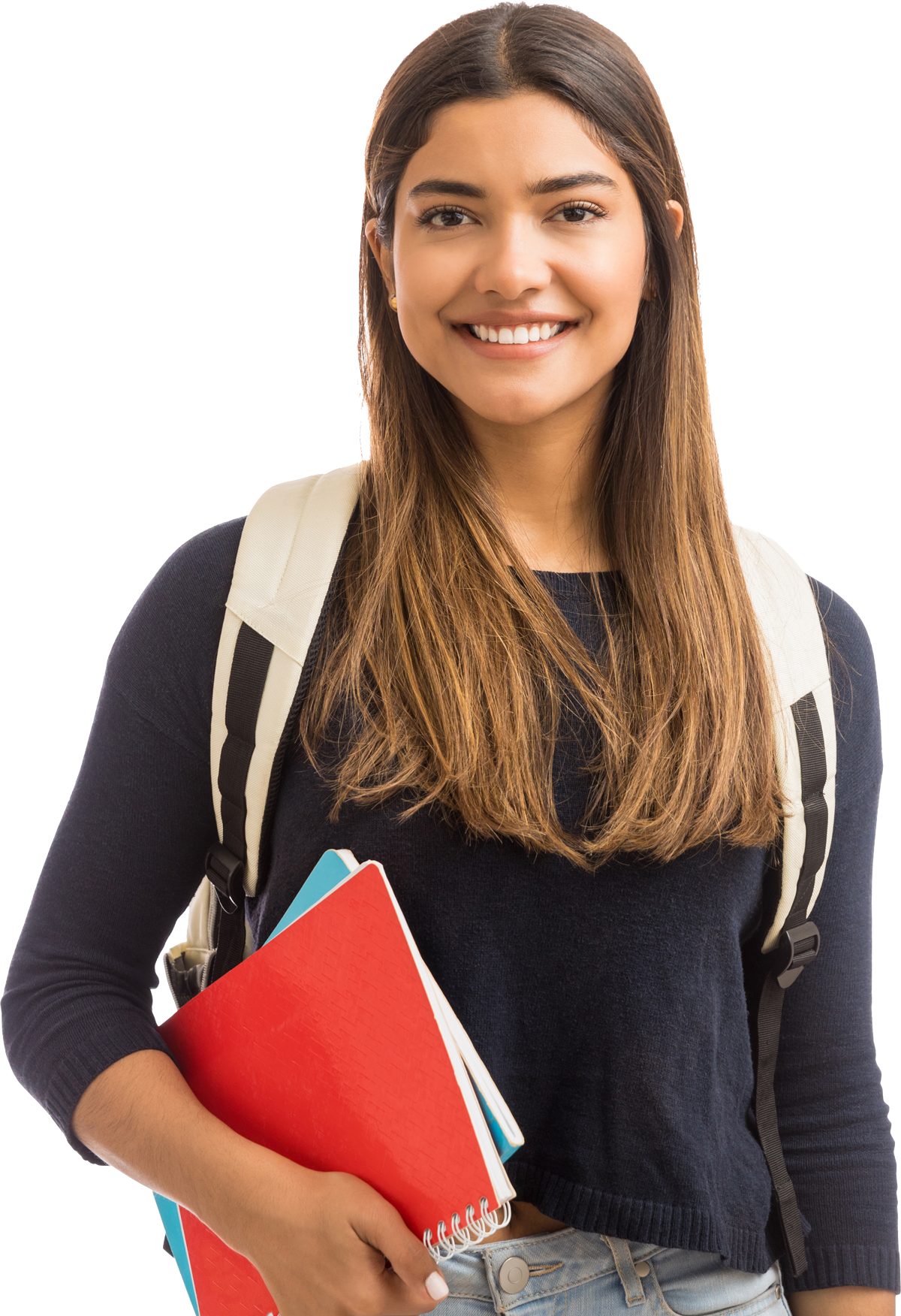 A young woman with a backpack is holding books and smiling