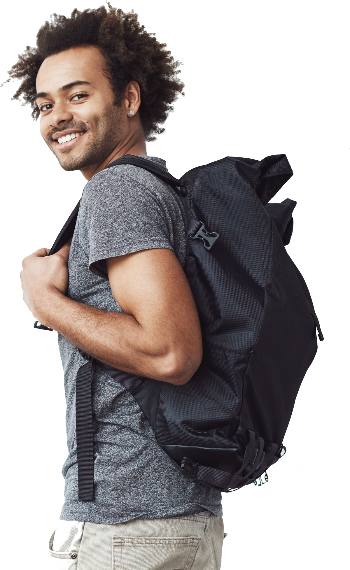 A man is carrying a backpack on his back and smiling