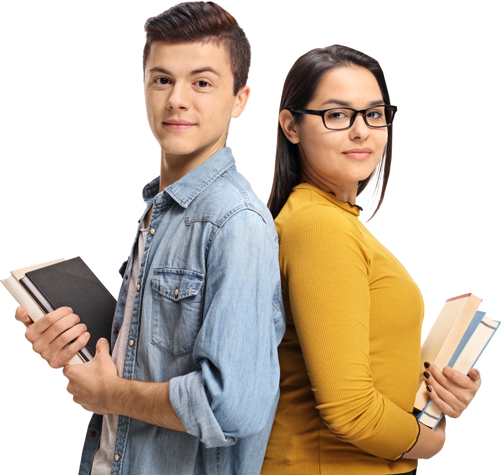 A man and a woman are standing back to back holding books