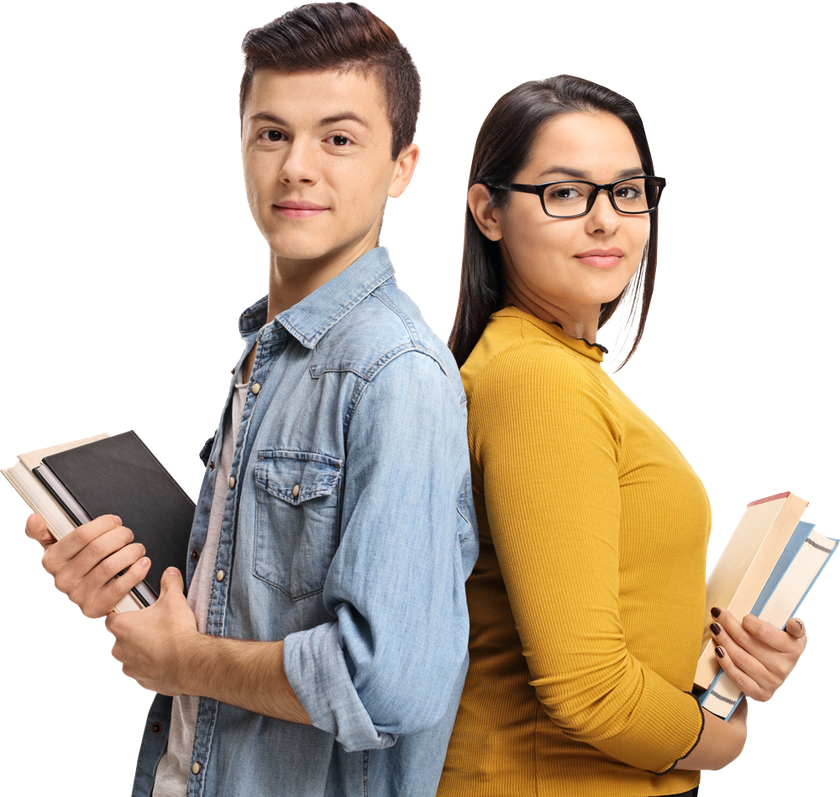 A man and a woman are standing back to back holding books