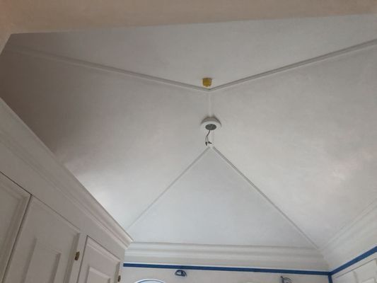 White vaulted ceiling with a central pendant light fixture and decorative crown molding in a corner of a room.