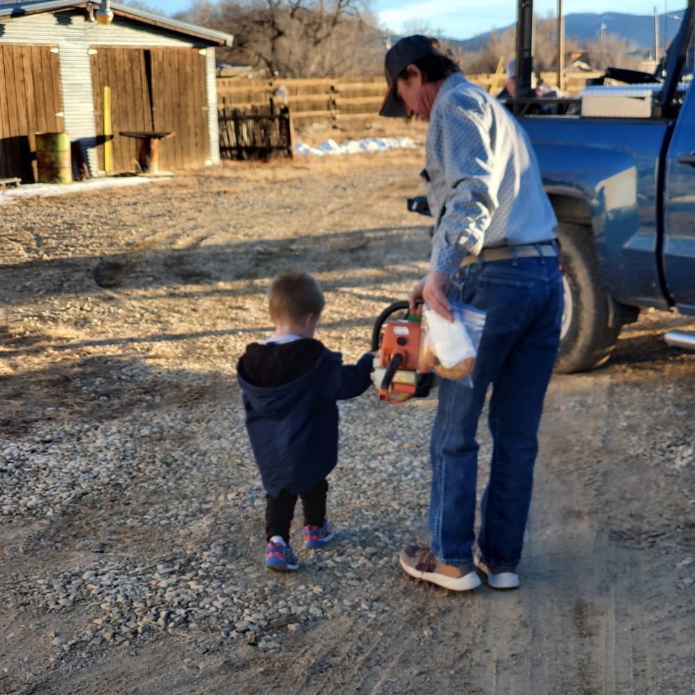 A man is holding a chainsaw while a little boy looks on