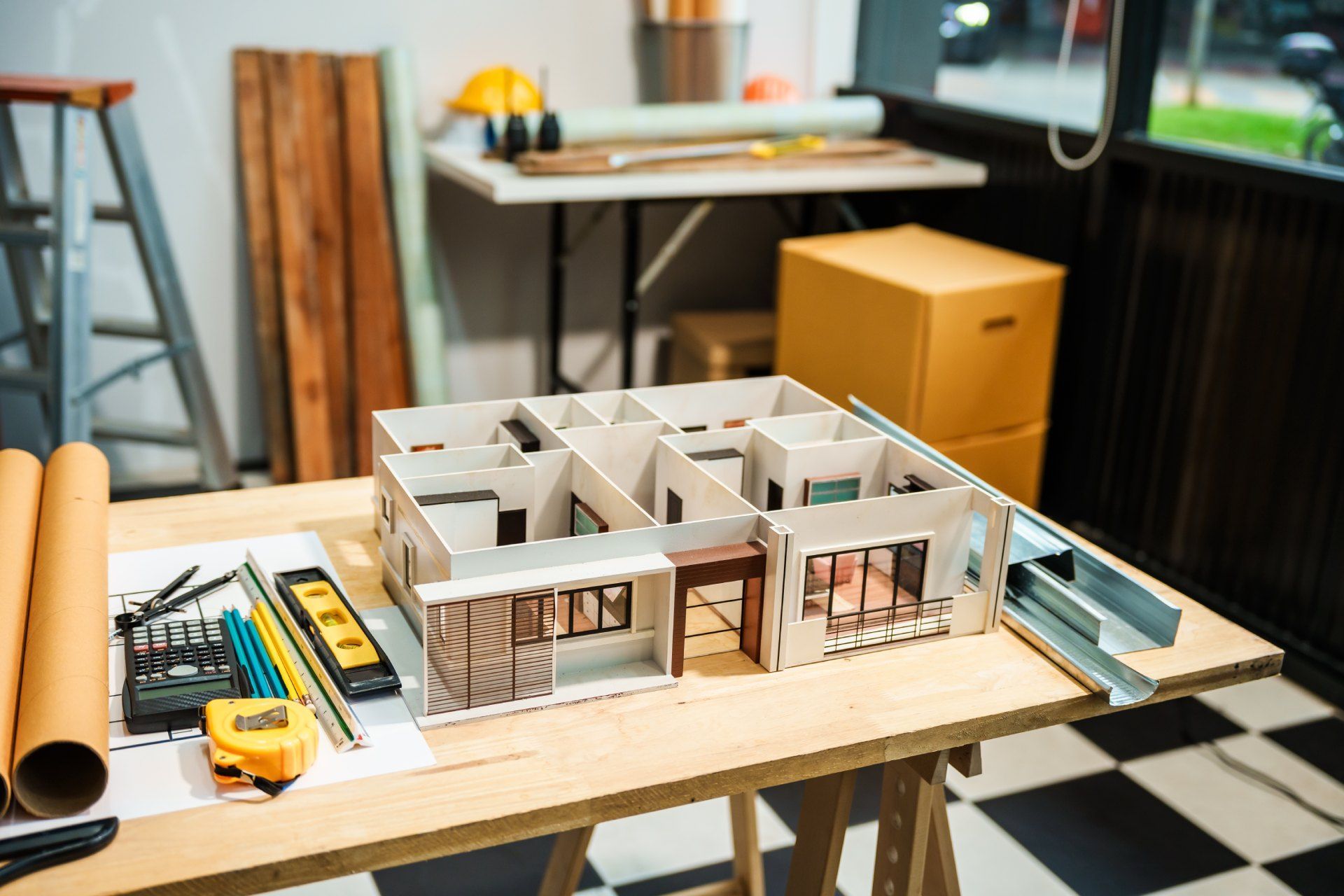 A wooden table with a model of a house on it.