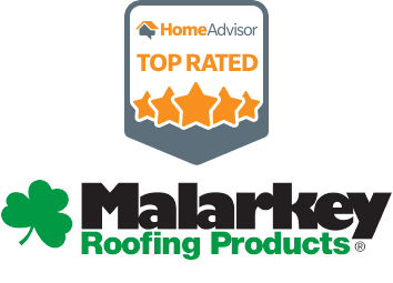 The logo for malarkey roofing products has a shamrock on it