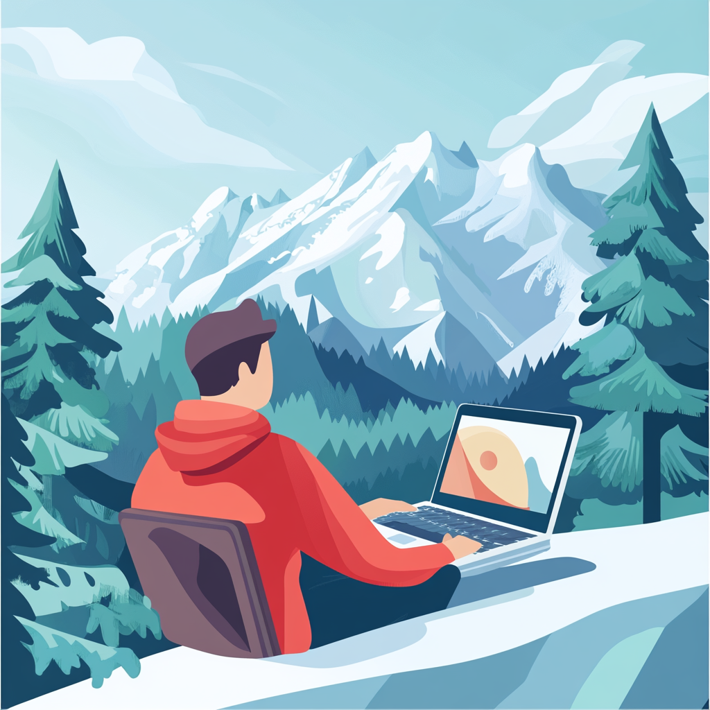 A developer is sitting in front of a laptop computer in the mountains.