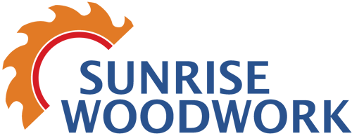 Logo for Sunrise Woodwork: orange saw blade with red inner circle, blue text.