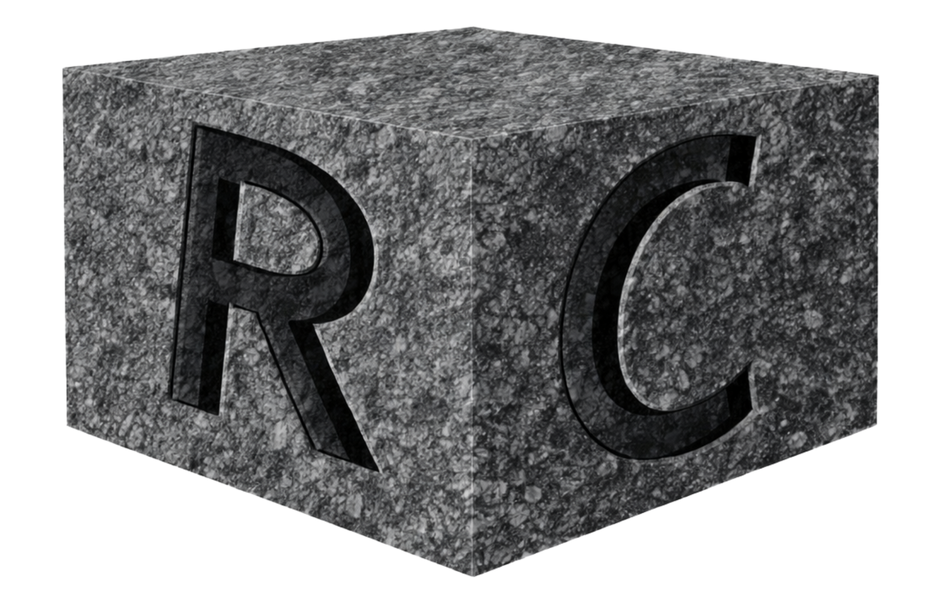 Gray stone cube with carved-out letters