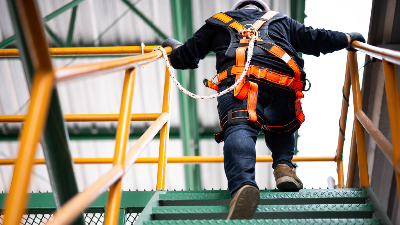 Two construction workers pointing at a building frame, with crane, during sunset.