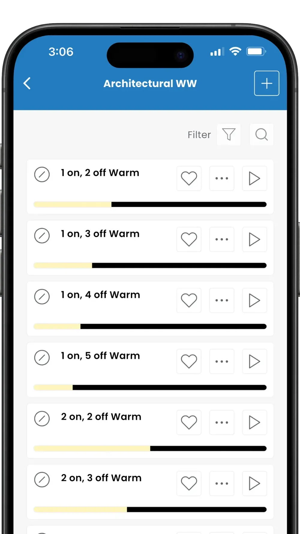 Mobile app screen showing a list of workout sets with reps and warmup labels under “Architectural WW”