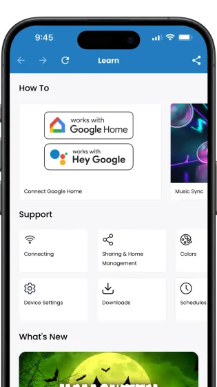Mobile app “Learn” screen showing Google Home and “Hey Google” setup help and support options.
