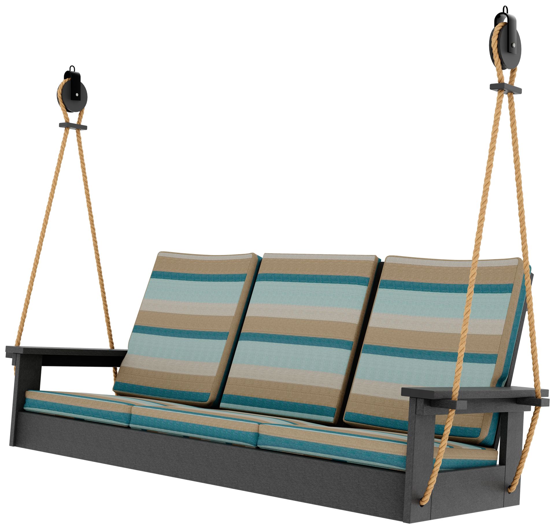 Striped cushioned porch swing with rope hangers in teal, tan, and gray on a white background
