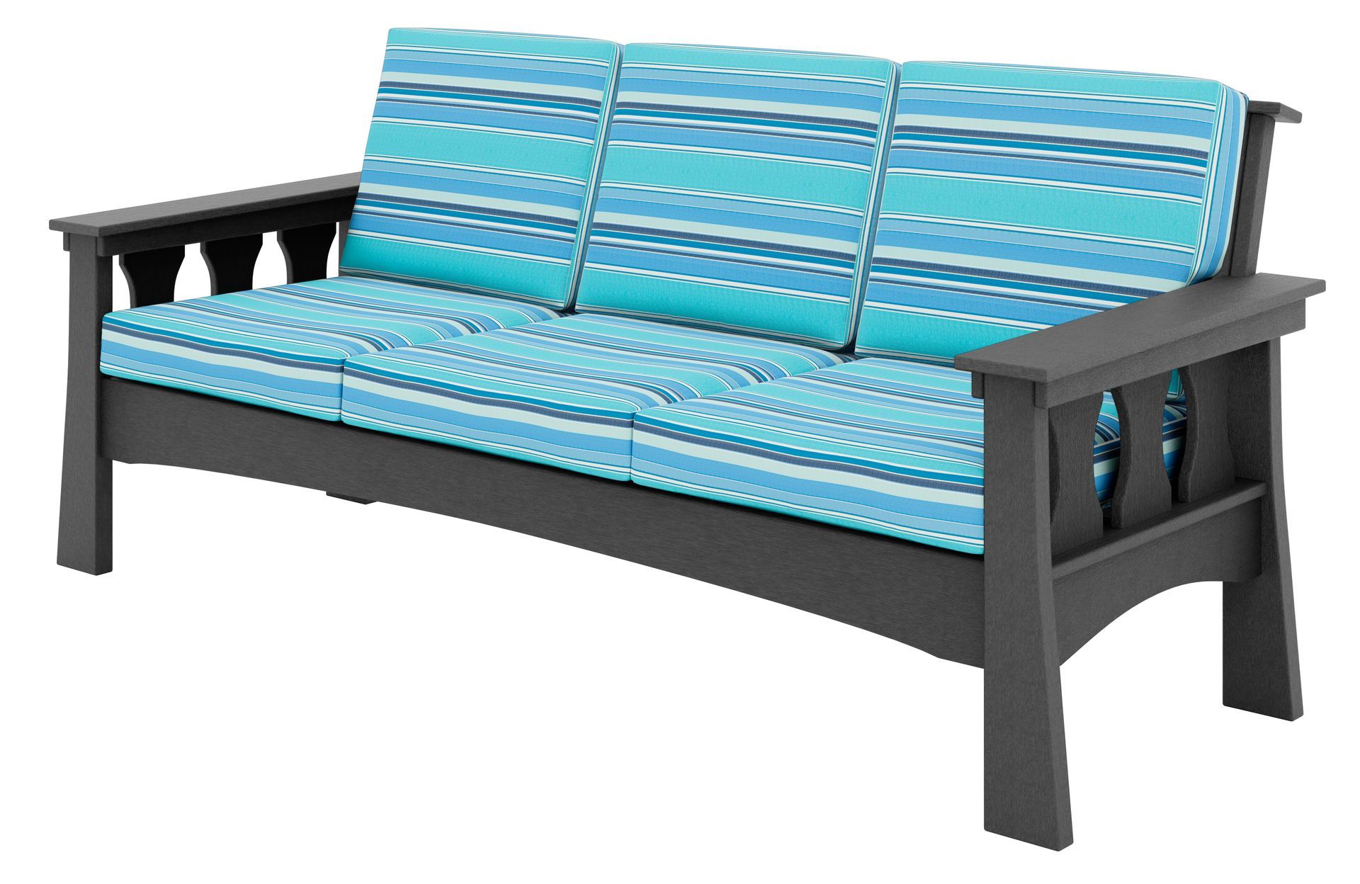 Blue striped cushioned outdoor sofa with dark gray frame and arms