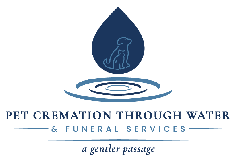 Logo for pet cremation. Blue water drop with dog outline, ripples, text: