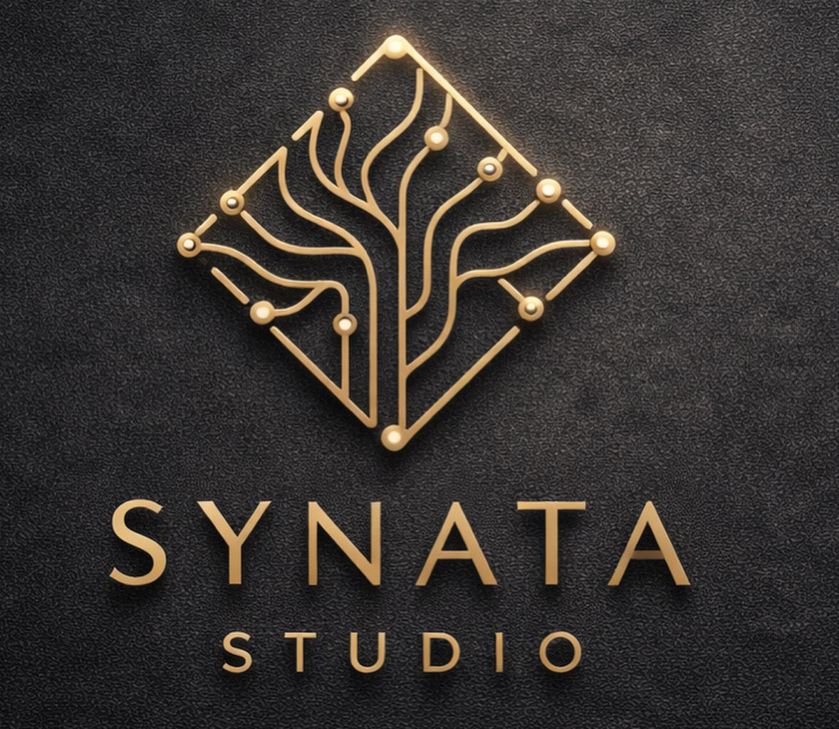 Gold logo: geometric tree design within a diamond, "SYNATA STUDIO" text, on textured black background.