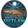 White River Outlaw Guide Service logo with a brown trout under a full moon and blue text on a dark background