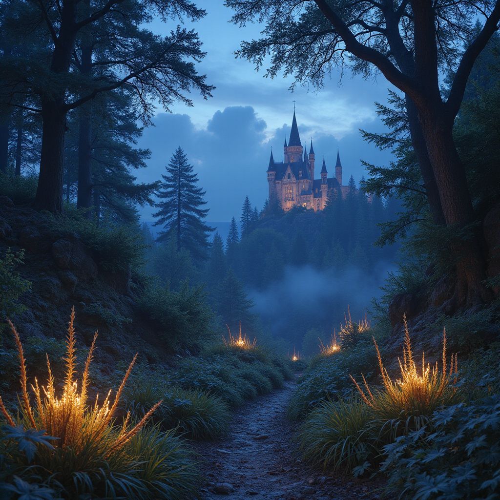 Mysterious castle in a misty forest