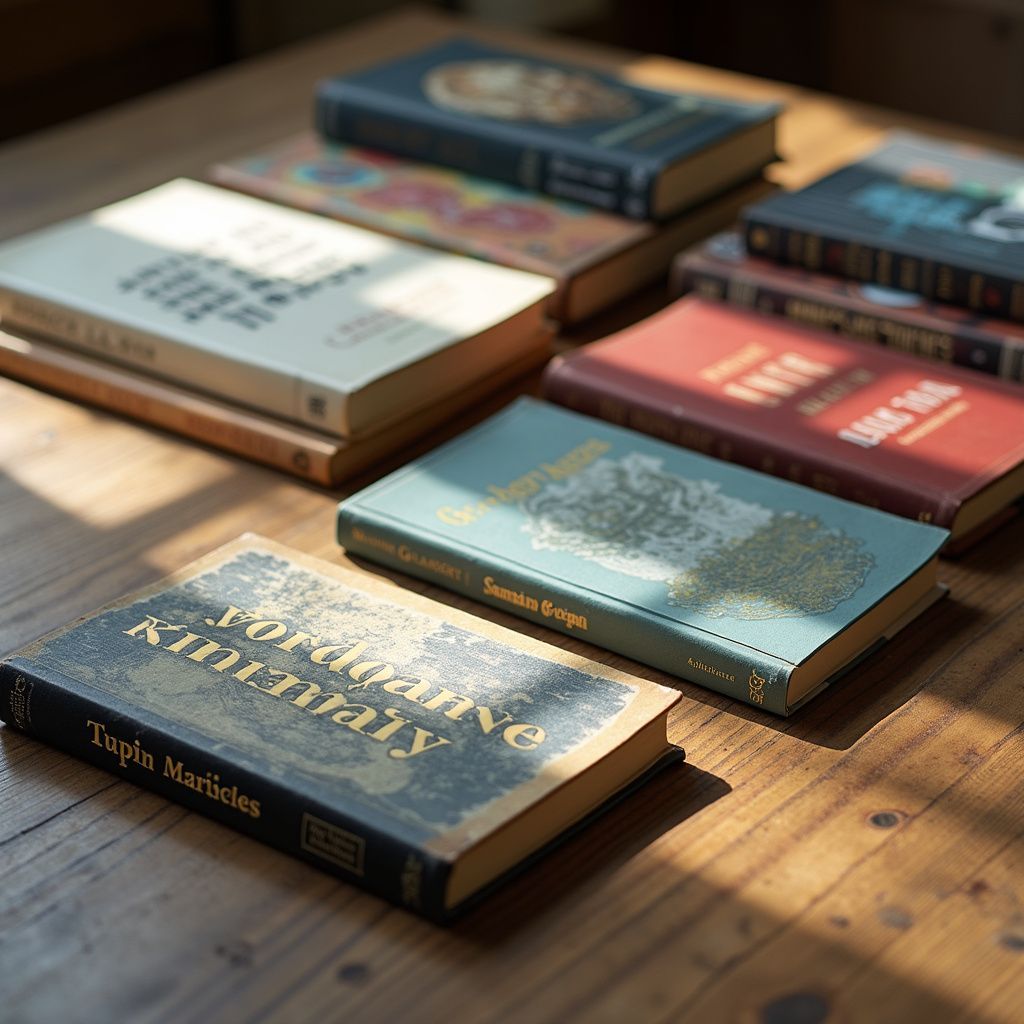 Soft light on a desk with books. 