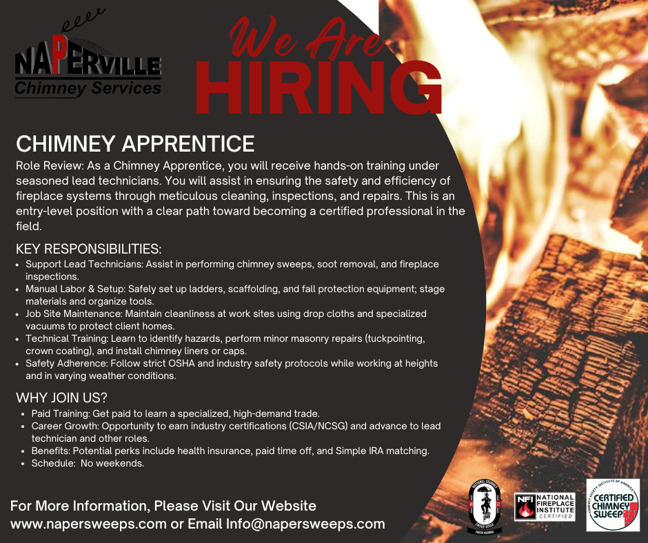 Job posting for a Chimney Apprentice. Text on a black and white background with a company logo.