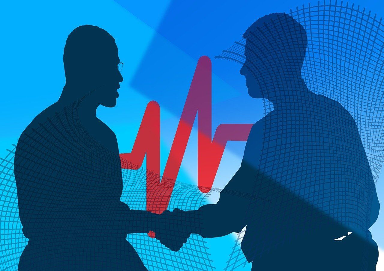 Silhouettes of two business professionals shaking hands, symbolizing a strategic business sale.
