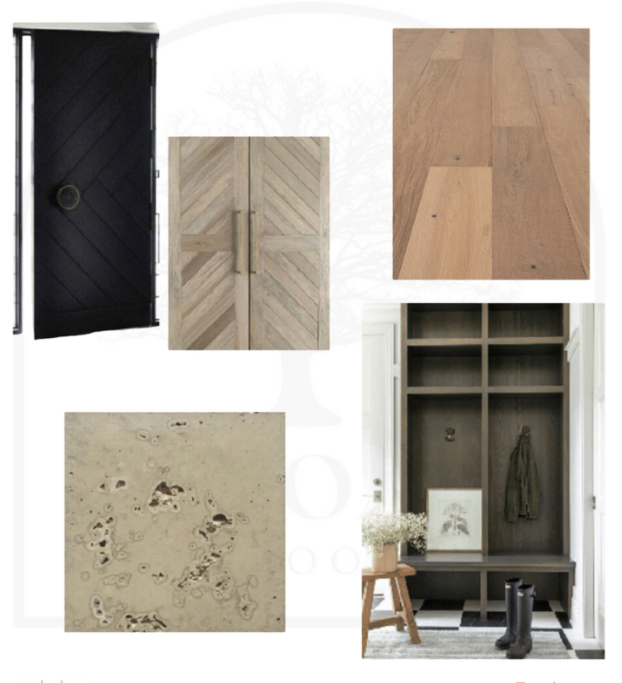 A collage of different types of wood including a black door